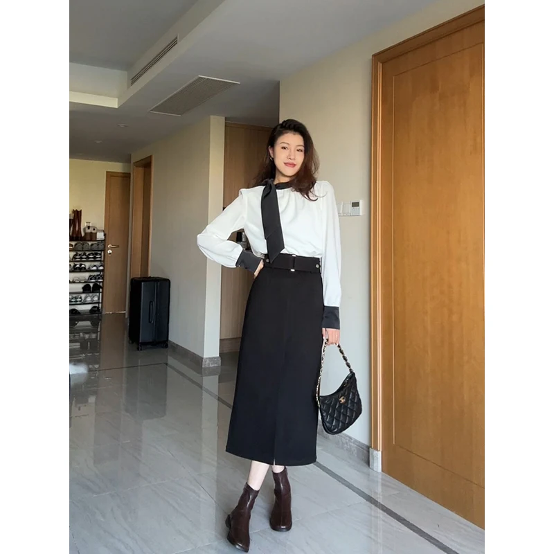 

Zhang a Xing Lucia Belted High Waist Texture irt And Skirt Set Ele Design Women's Faion Ensemble Winter Collection