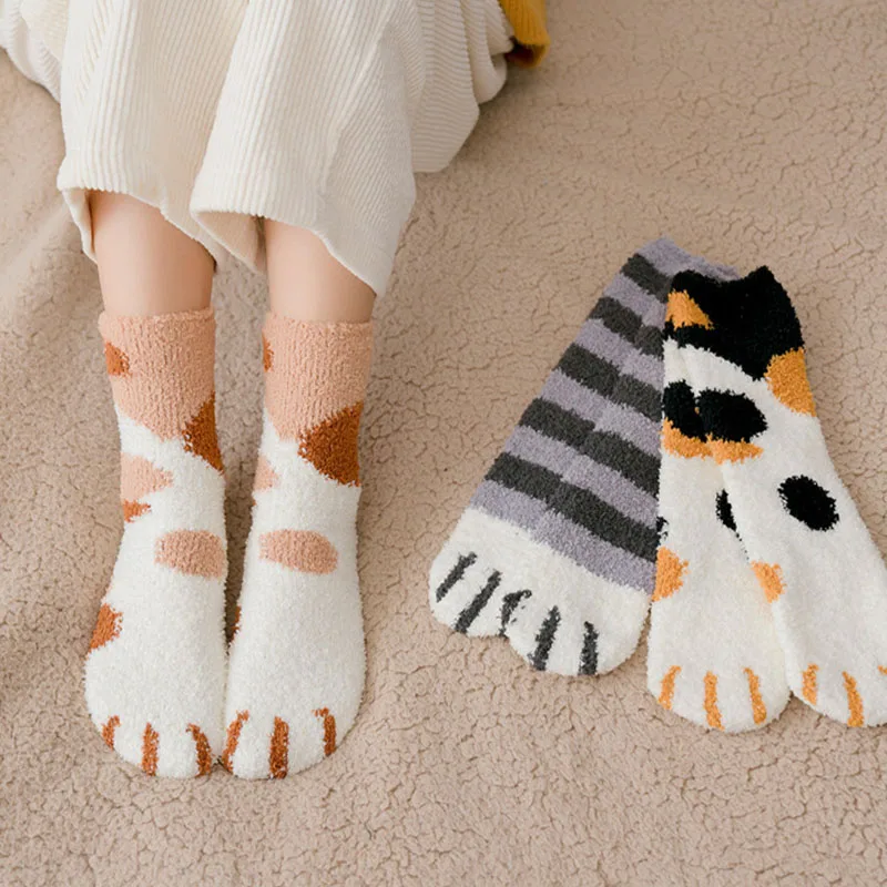 Plush Winter Cute Style Cat Paw Cartoon Pattern Women Cotton Socks Super Soft For Female Stay in the house Sleeping Floor Sox