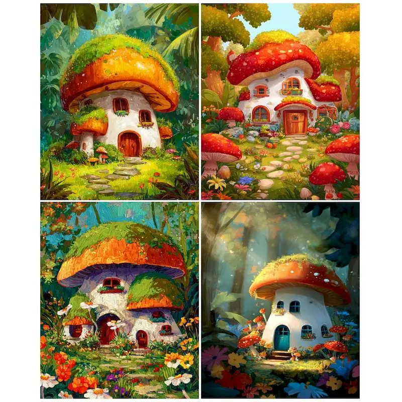 GATYZTORY Painting By Numbers Fairy Tale Mushroom House Painting With Numbers Kill Time Landscape Drawing On Canvas Living Room