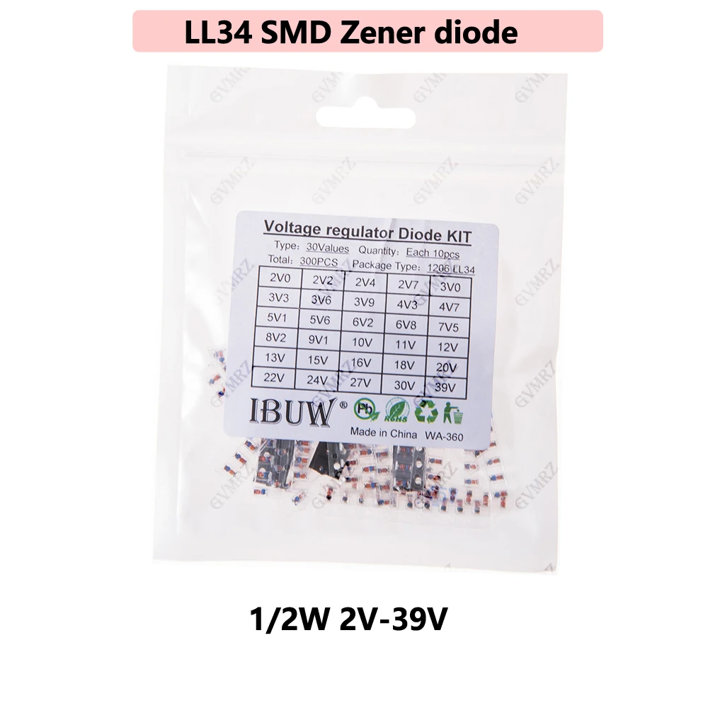30values 300pcs LL34 SMD Zener diode package Assorted Kit 1/2W 2V-39V