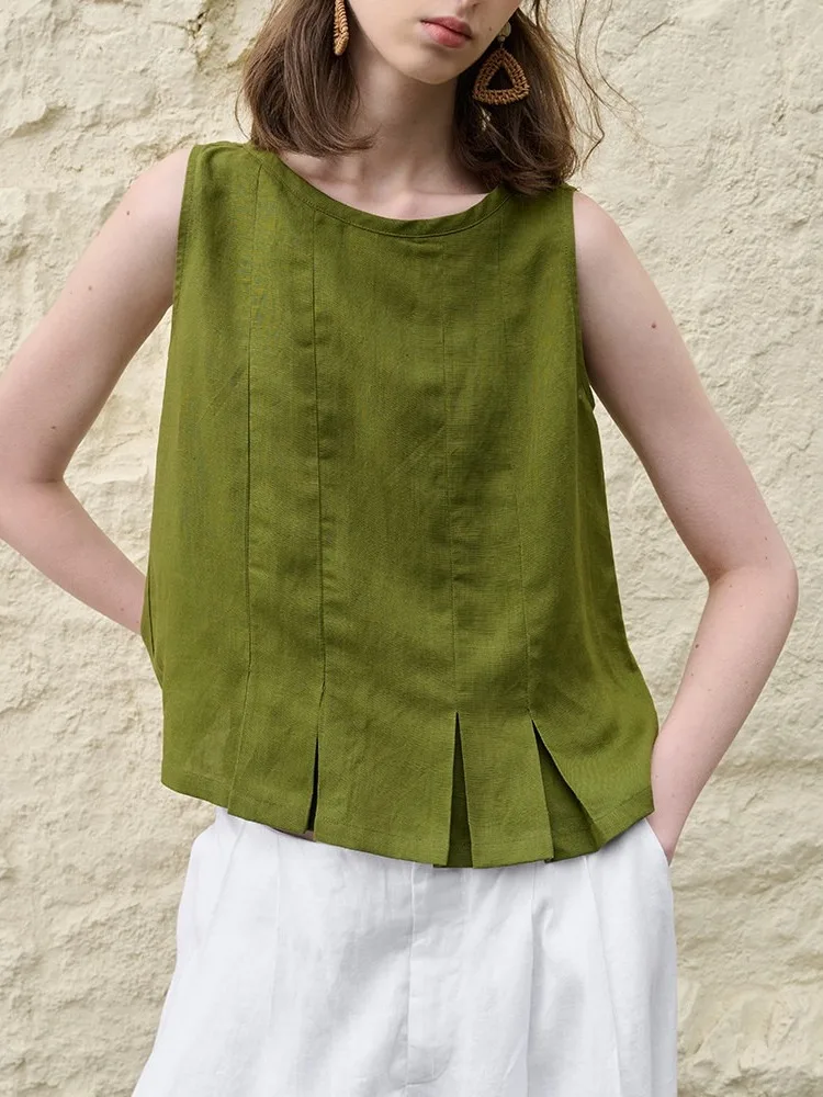 

Linen Short Loose Thin Sleeveless Vest Women's Outerwear Summer Breathable round Neck Casual Versatile Korean Style Top