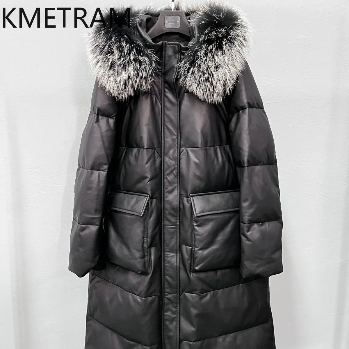 100% Sheepskin Puffer Jacket Women High Quality Genuine Leather Long Down Coats with Hood Raccoon Fur Collar 2025 Winter Clothes