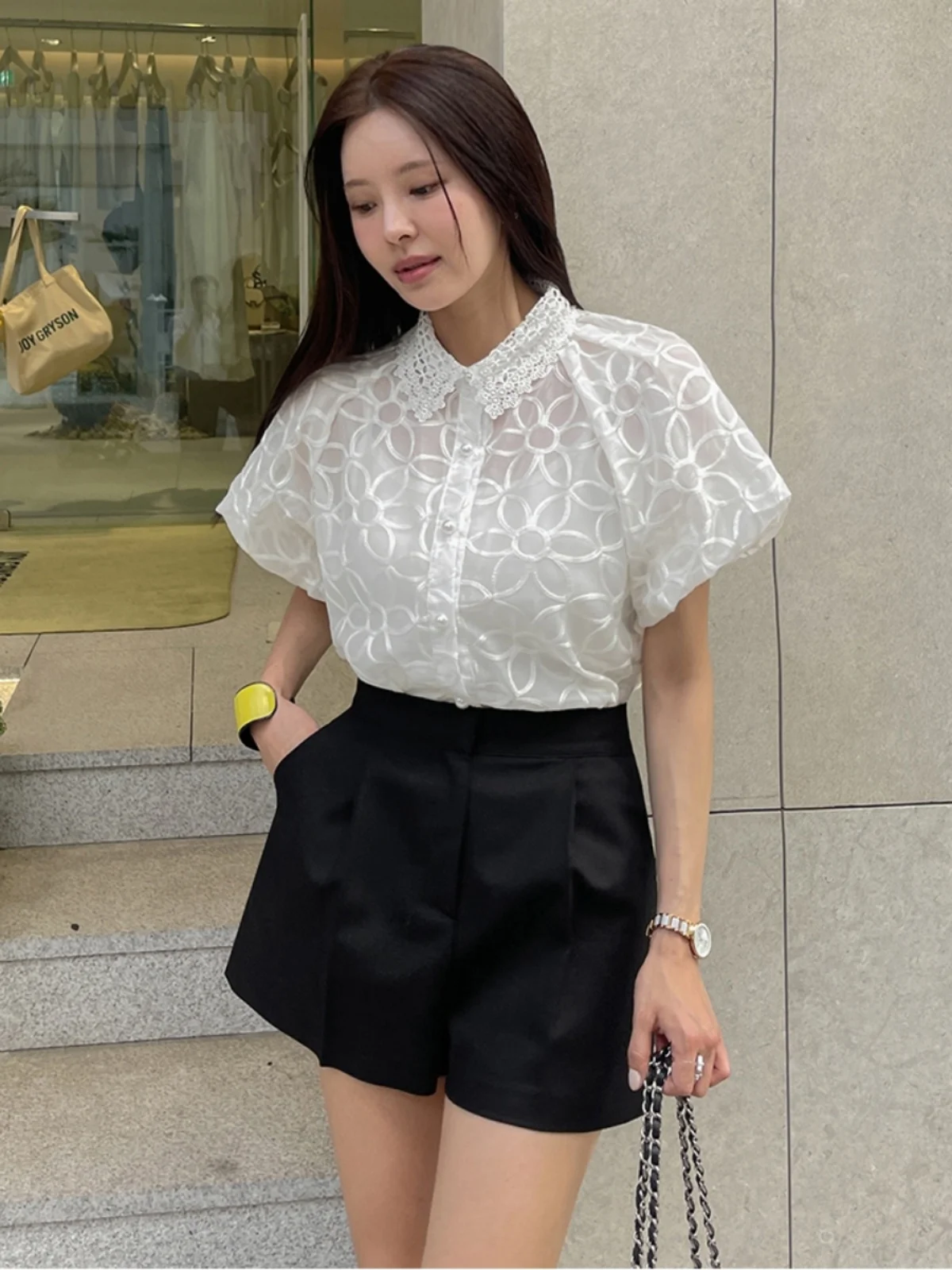 

Embroidered Flower ort Sve irt Women's Bud Sve Hollow out Collar Sli Pearl Button Transparent Top