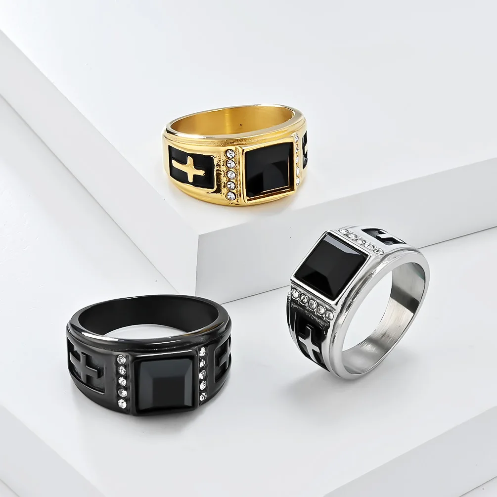 Men's Stainless Steel Shinny Zircon Gem Cross Ring