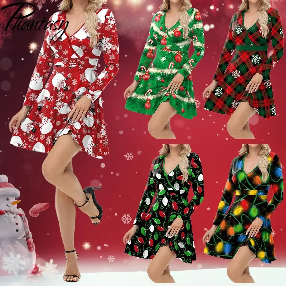 Phantasy Women Christmas Dress Long Sleeved Green Christmas Tree Pattern Dress Xmas Party Dress Homewear Carnival Female Robe