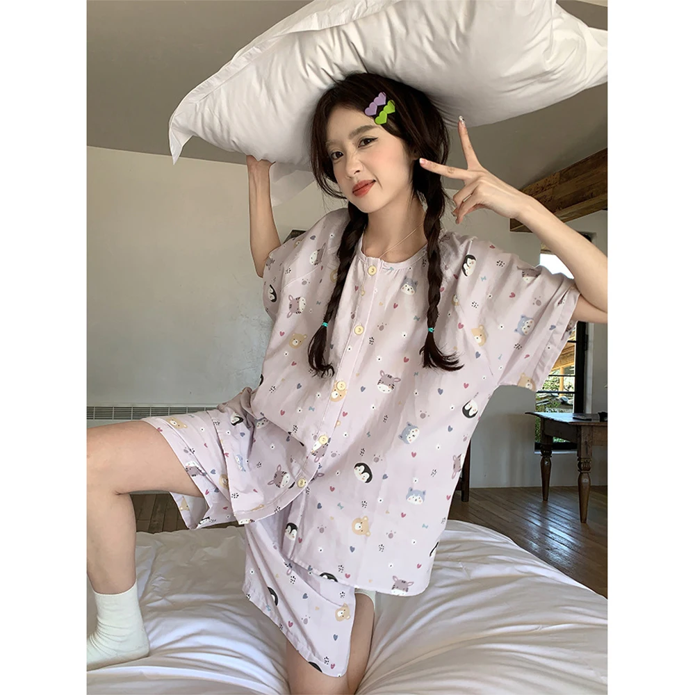 Roze Cartoon Pinguïnprint Pyjama Dames Zomer Katoenen Korte Mouw Shorts Eenvoudige Zoete Loungewear Set