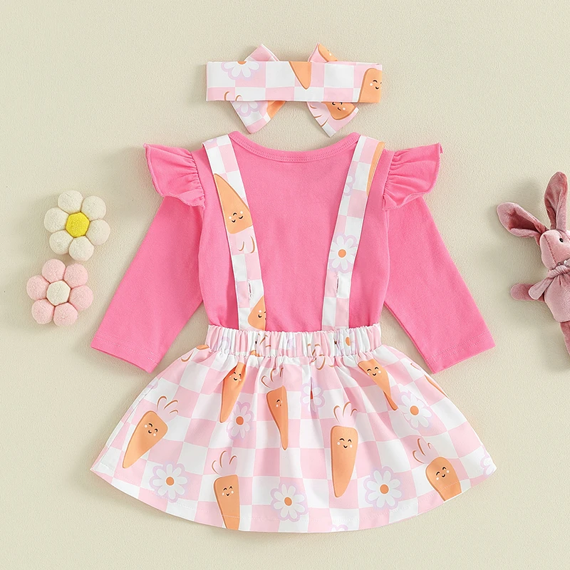 Baby Girl 3Pcs Outfits Set Short Sleeve Romper Suspender Skirt With Headband Infant Girl Outwear Easter Clothes