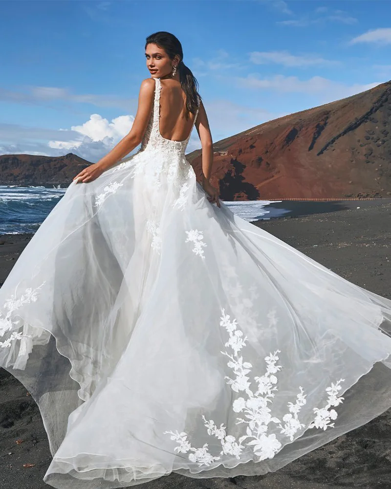 Elegante vestido de casamento moderno com tule destacável gola quadrada sem costas apliques sem mangas vestidos de noiva praia vestido de festa