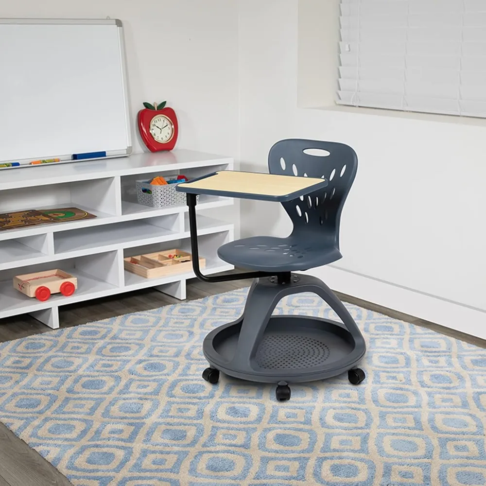 Silla de oficina móvil con tableta giratoria de 360 grados, asiento de almacenamiento para aulas y estudio, color gris oscuro