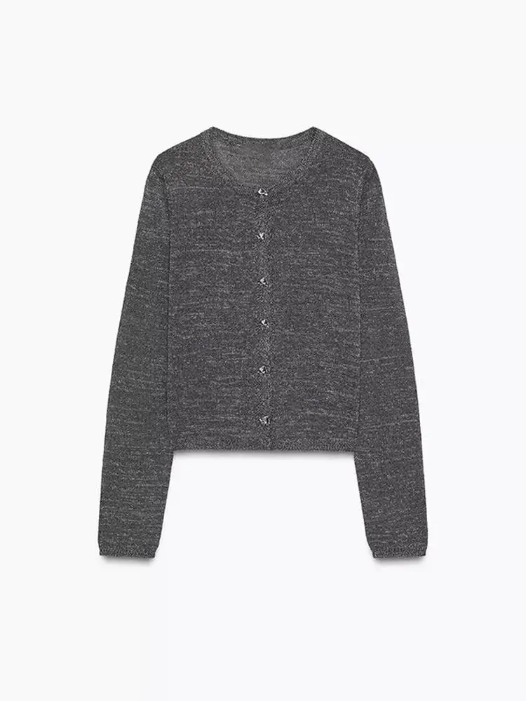 Menina picante preguiçoso retro metal cor linha botão redondo ne malha aberto cardigan jaet nova chegada outono 2025 fibra de poliéster