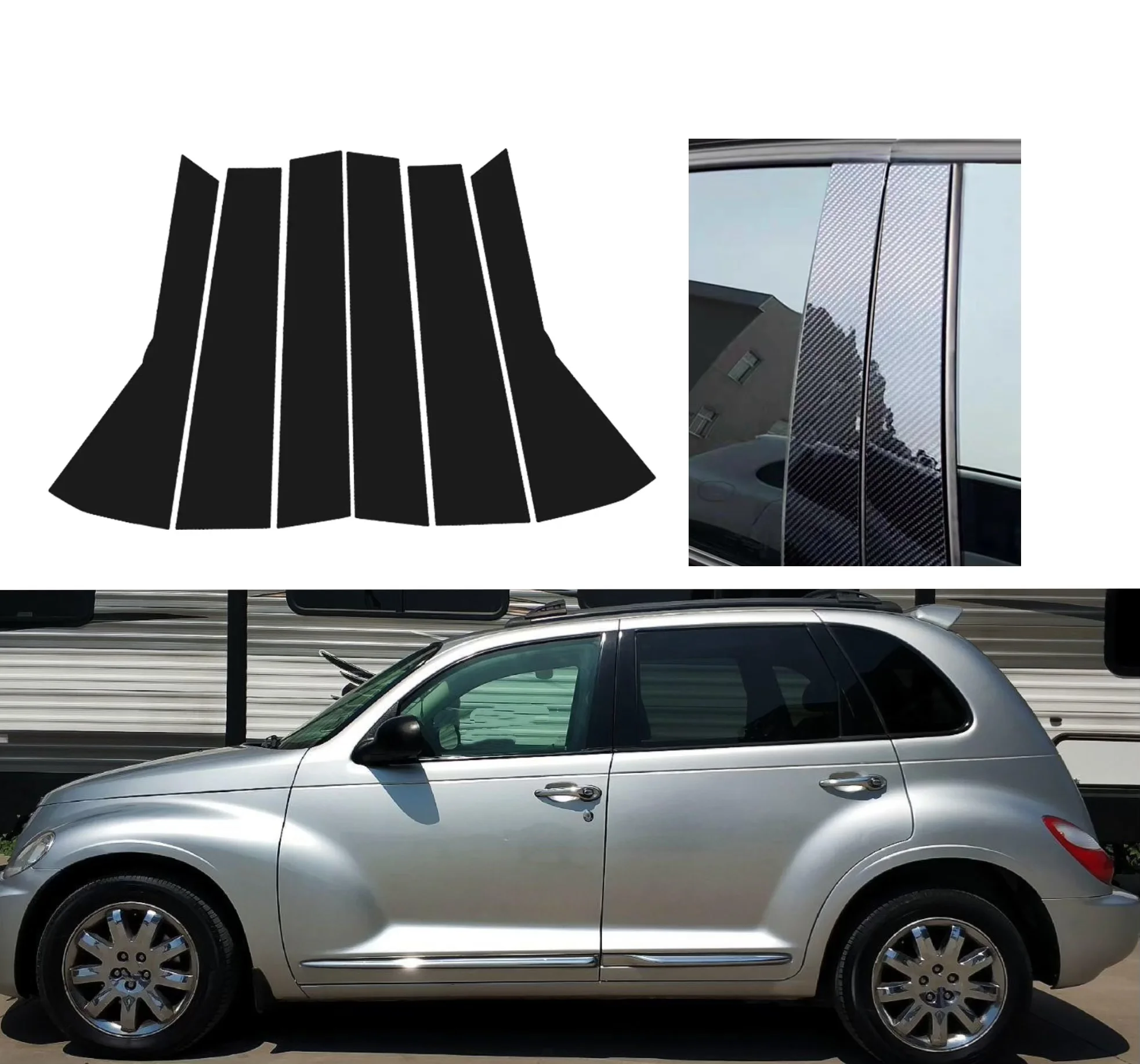 6PCS Gloss Black  Pillar Posts Silver Carbon Fit For  Dodge PT Cruiser 2000-2012 Window Decor Door Side Mouliding Trim Cover