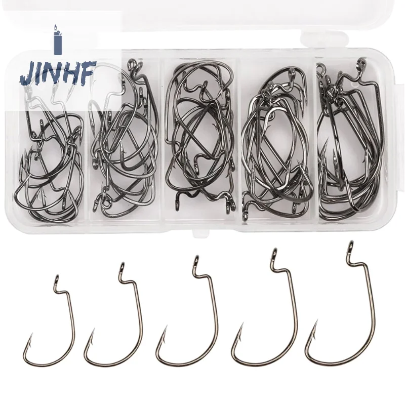 51pcs Boxed Wide Belly Crank Hooks 2#1#1/0#2/0#3/0# Soft Worm Hooks Texas Tackle Roadrunner Hooks