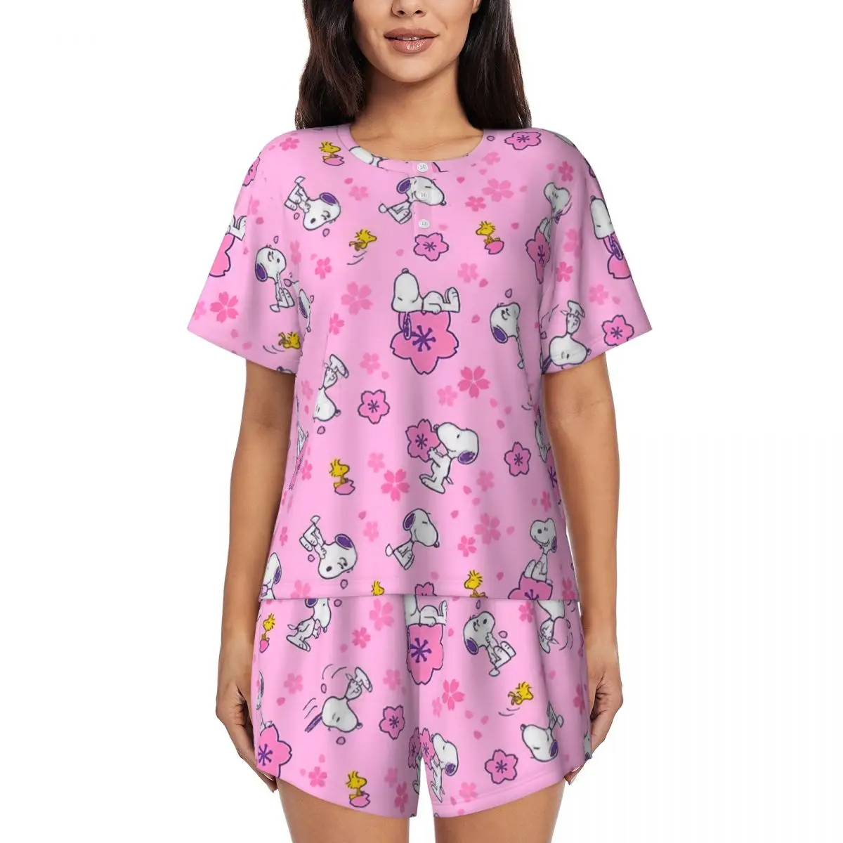 

Women Anime Manga Snoopy Woodstock Pajamas Set Custom Printed 2 Piece Pjs Sets Short Sleeve Sleepwear Loungewear