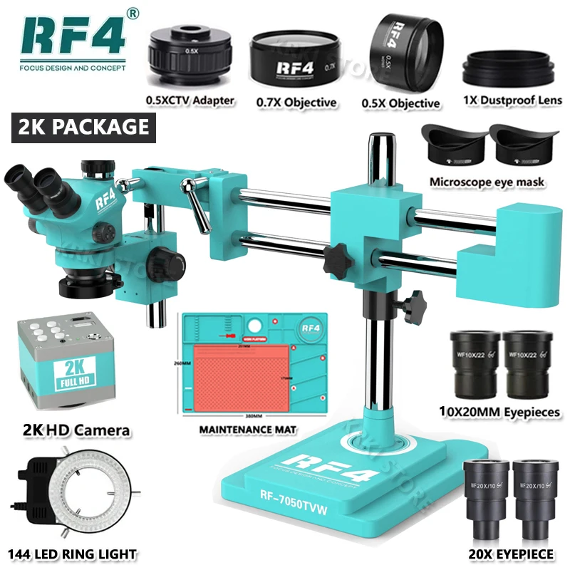 RF4 3.5X-100X Simul-Focus Double Boom Stand Trinocular Stereo Zoom Microscope 48MP 55MP 2K 4K HDMI VGA USB Camera For PCB Repair