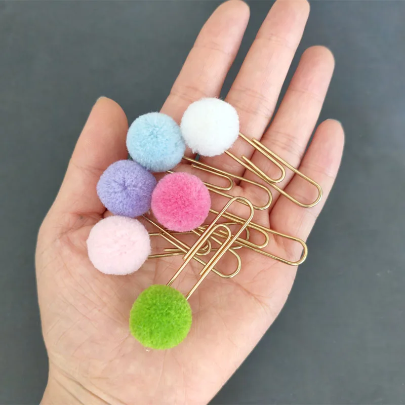 60pcs Plush Pompons Metal Paperclips Planner Paper Clamp for Photos Books Notebook Cards Candy Color Scrapbook Stationery Decor