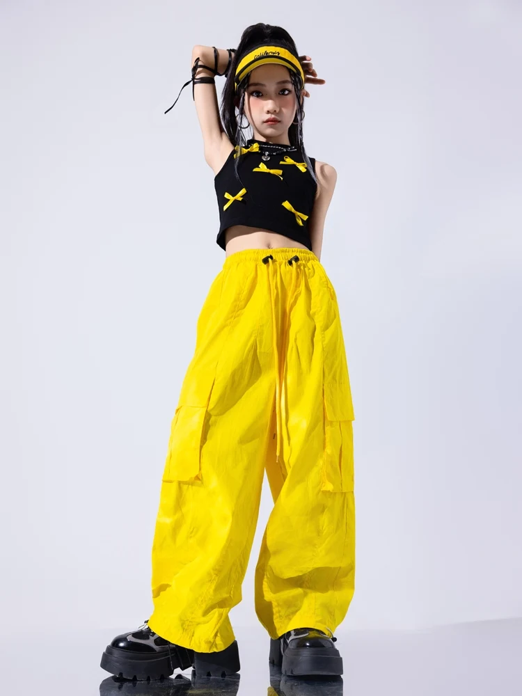 2024 Kids Jazz Dance Clothes Girls Navel Tops Yellow Pants Loose Hip Hop Clothing Loose Street Dance Performance Costume BL13412