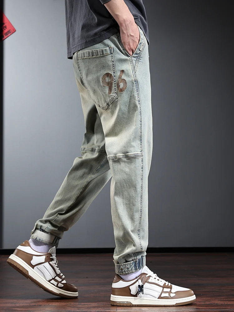 Autumn Baggy Jeans Men Fashion Streetwear Yellow Blue Elastic Waist Drawstring Denim Pants