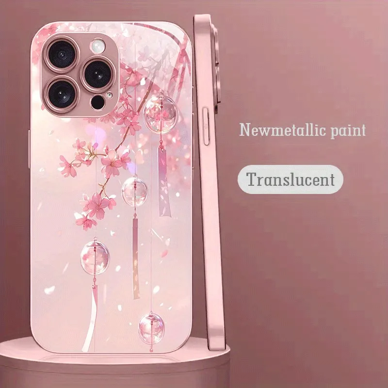 

Pink Cherry Blossom Wind Chime Metallic Paint Glass Hard Phone Case For iPhone 11 12 13 14 15 16 17 Pro Max Plus 16E 17Air Cover