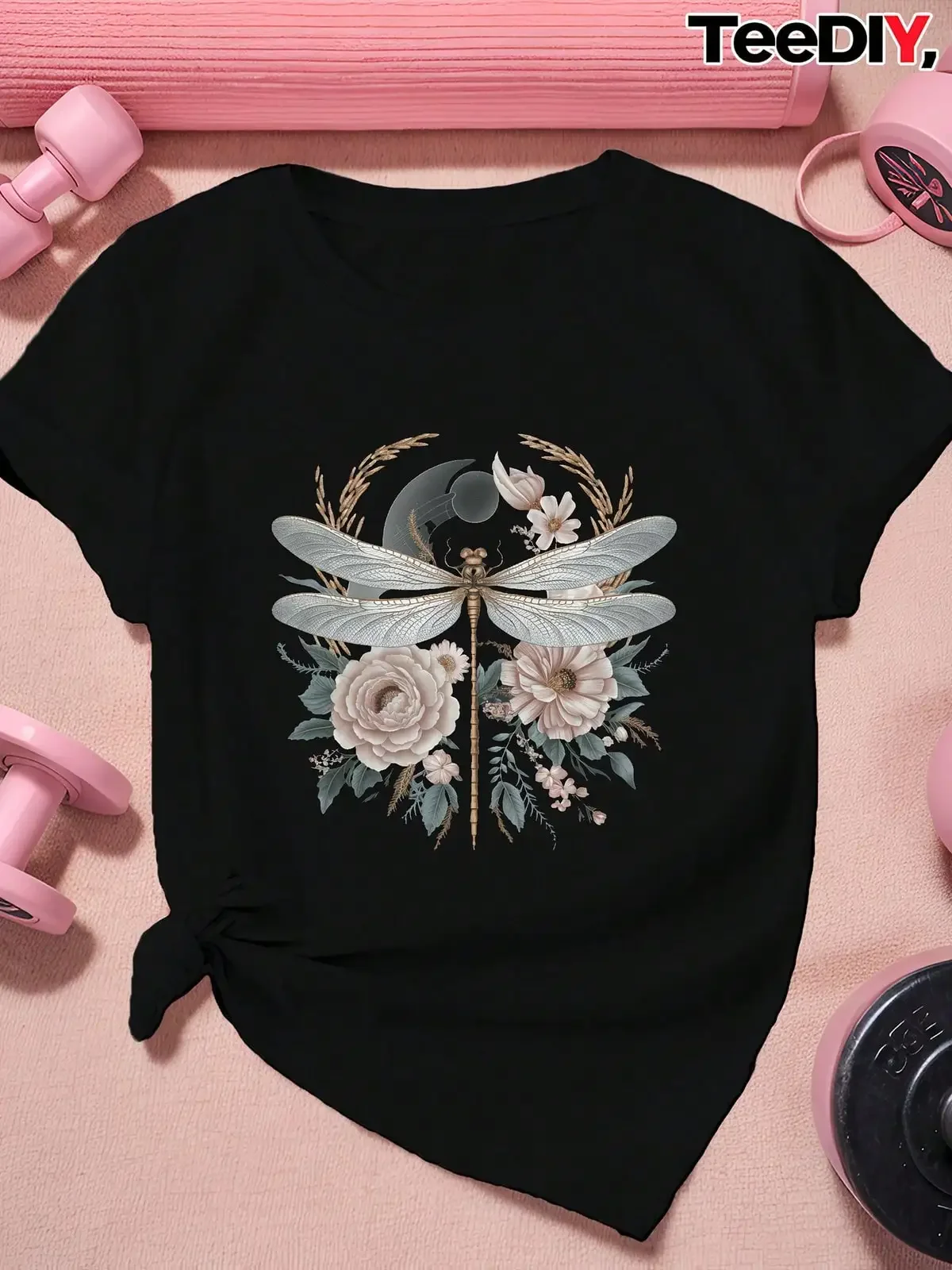 Floral Captivating Central Dragonfly Women's Plus Size Sports Short Sleeve T-Shirt,Breathable And Comfortable Short-Sleeved Round-Neck Top, Suitable For All Seasons, Everyday Wear For Women