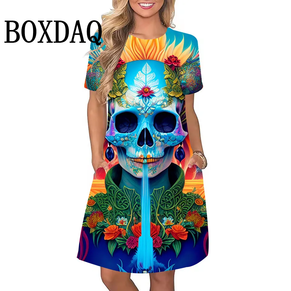 3D Skull Flowers Print Dress For Women's Clothing Casual Short Sleeve Streetwear Hip Hop Dresses Summer Trend Loose A-Line Dress