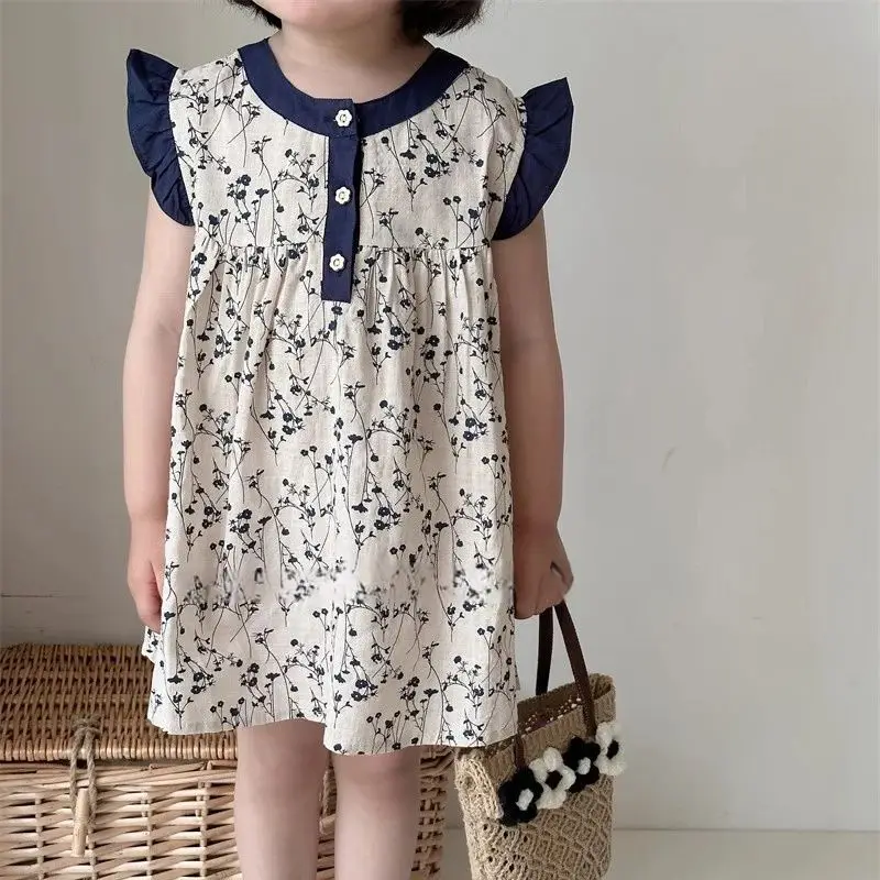 فستان صيفي بزهور للفتيات ، فستان صيفي قطني ، بدون أكمام ، قميص داخلي ، تنورة ، 2 طن ، 3 طن ، 4 طن ، 5 طن ، 6 طن ، 7 طن ، جديد