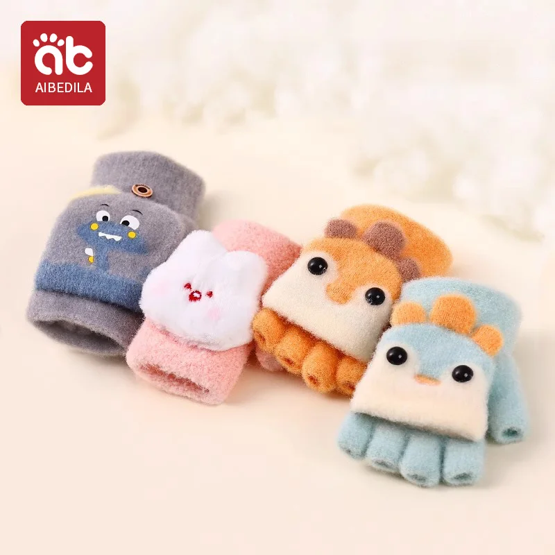 

AIBEDILA Cute Kids Gloves Winter Warm Faux Fur Knit Boy Girl Children Glove Cartoon Half finger Flip Cover Outdoor Mittens 1-5y