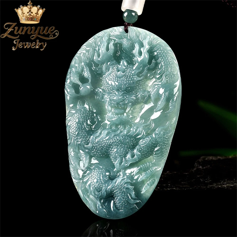

Natural A-Grade Jadeite Blue Water Dragon Soaring For Thousands Of Miles Dragon Brand Grand Zodiac Dragon Pendant Charms Elegant
