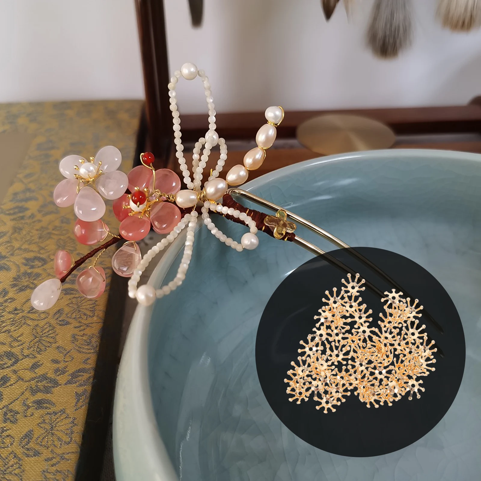 

50pcs Flower Hairpin Accessories Diy Headdress Material High-Grade Copper Simulation Floral Craft Wedding Christmas Decor