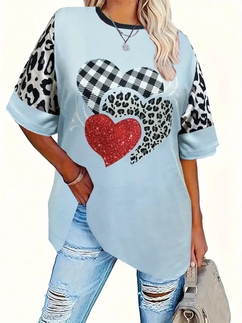 Koszulka damska plus size w kratę z nadrukiem serca, codzienna bluzka z krótkim rękawem na wiosnę i lato, odzież damska plus size.