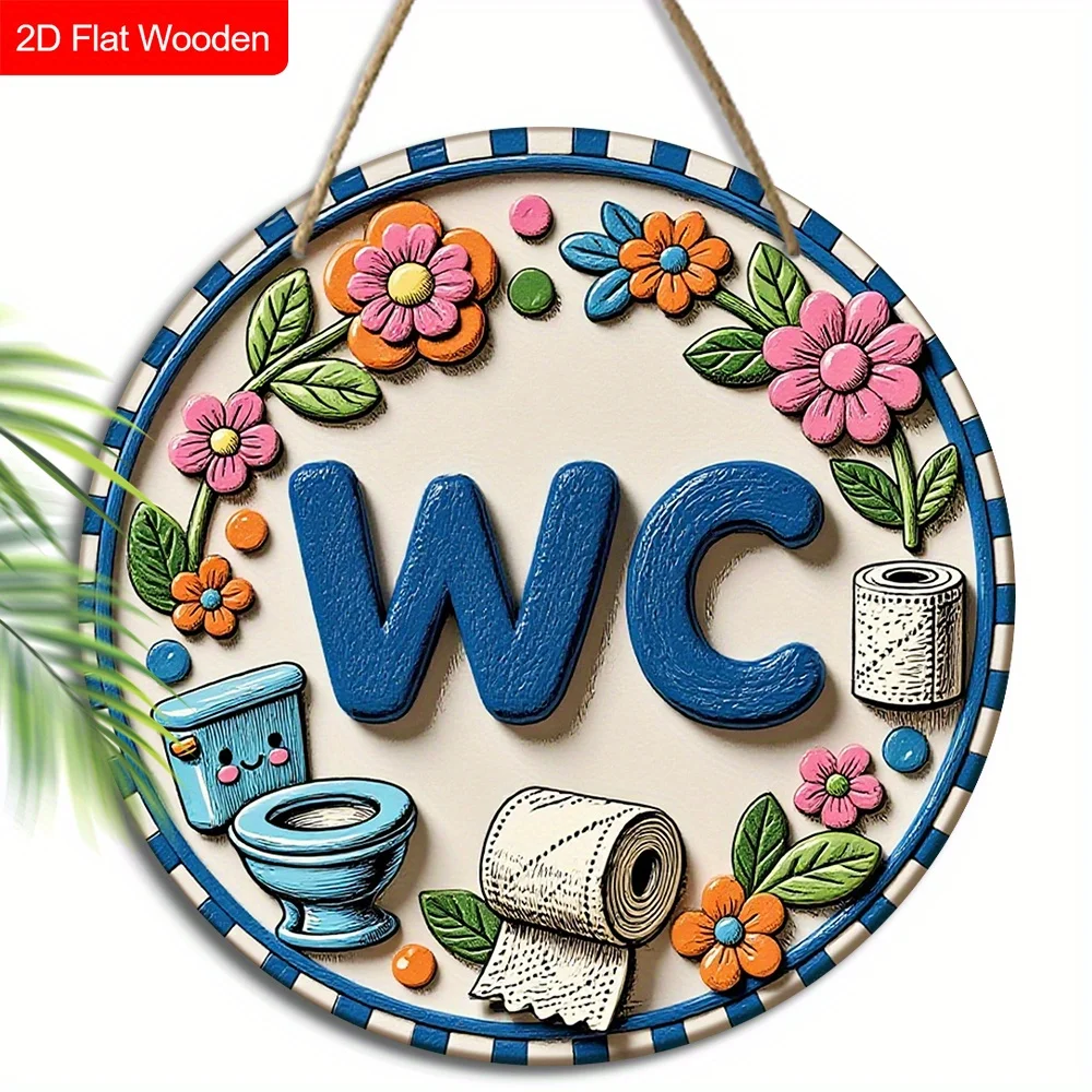 2D flache 1-teilige Retro-Badezimmertürdekoration – Badezimmerschild und WC-Buchstaben, kreisförmiges Holzschild mit Blumenmuster, Toilettendekoration