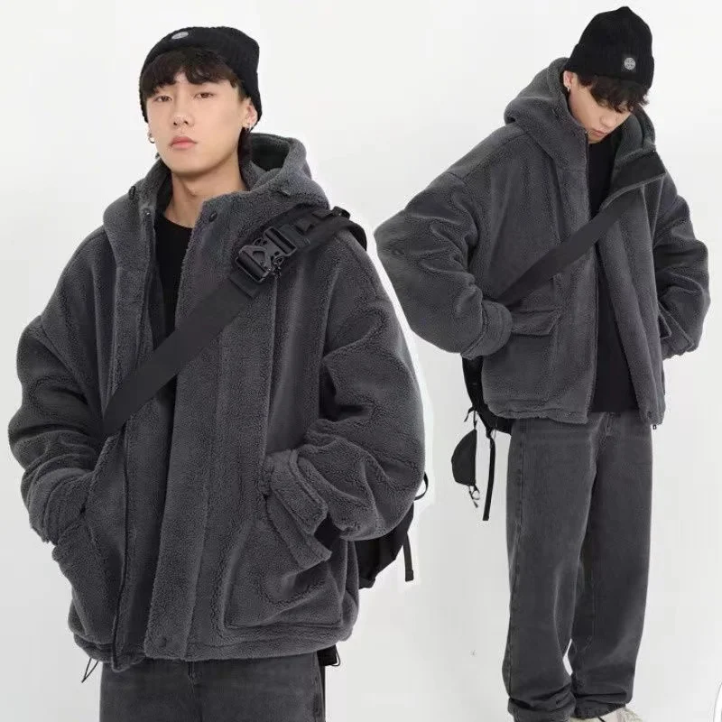 Winter 2024 Fake Fur Coat Oversize Cashmere Men\'s Zipper Up Dark Gray Coat Unisex Hip Hop Hooded Plush Padded Jacket