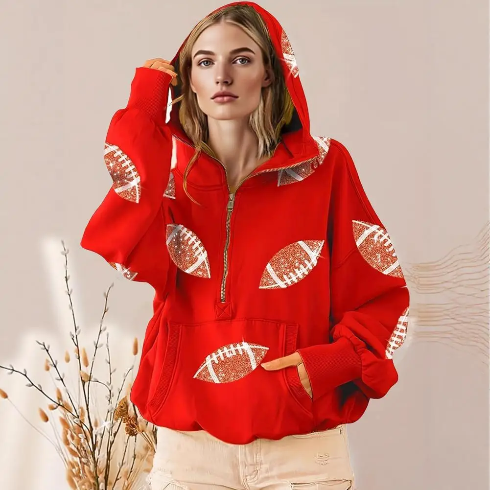 Women Sweatshirt Polyester Spandex Warmth Sweatshirt Women’s Half Zip Hooded Sweatshirt with Sequin Rugby Print Oversized Game