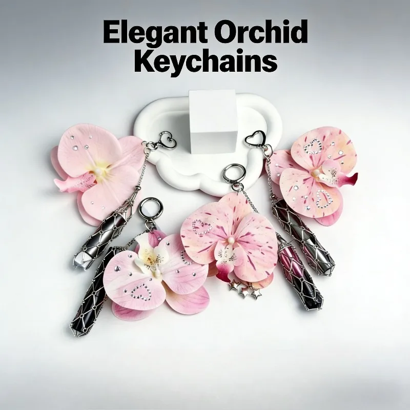 Simulation Flower Lipsticks Keychain Metal Net Pocket Lipstick Protective Portable Makeup Lip Balm Key Chain Orchid Bag Pendant