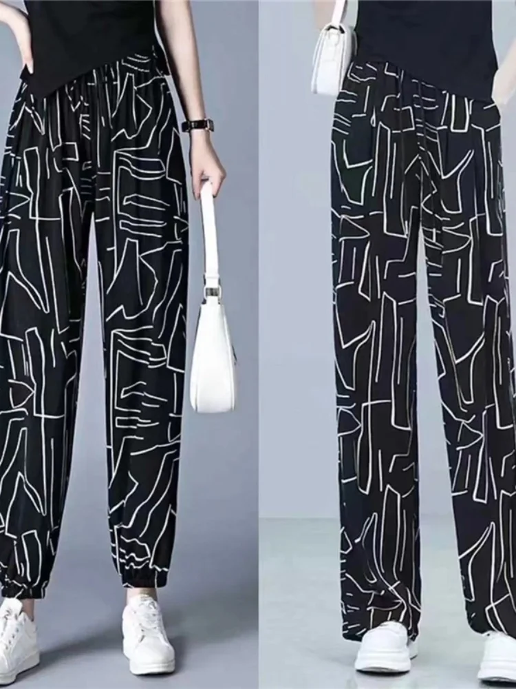 

Летние женские повседневные брюки из ледяного шелка с высокой талией, тонкие, с принтом, свободного кроя, комфортные, в корейском стиле, с защитой от комаров