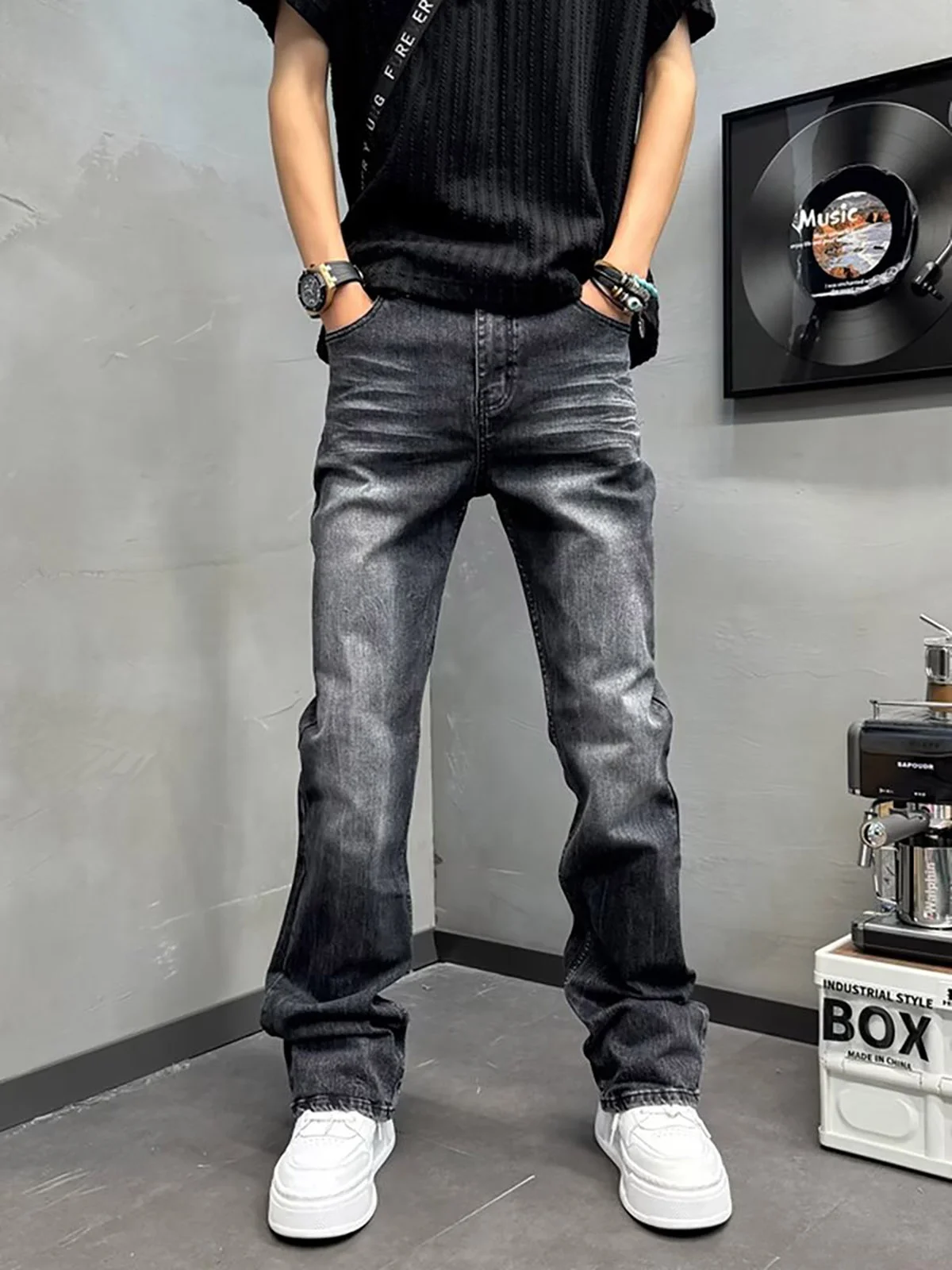 

Мужские джинсы High Street Vibe прямого кроя с эффектом потертости, деконструированные, расклешенные, длинные брюки