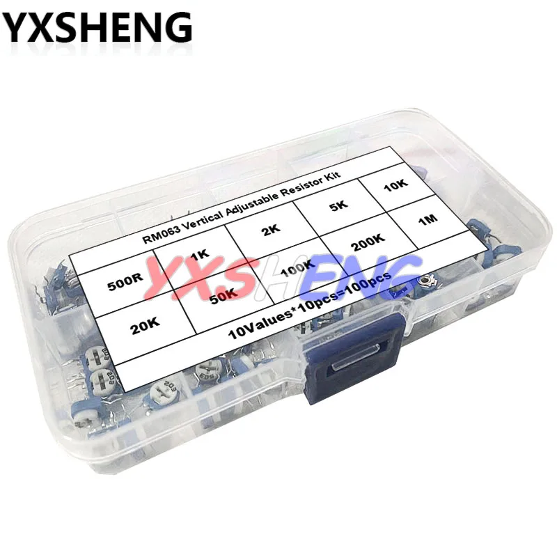 100PCS RM063 Vertical Adjustable Resistor Kits In Box 500 1K 2K 5K 10K 20K 50K 100K 200K 1M  Multiturn Trimmer Potentiometer Set