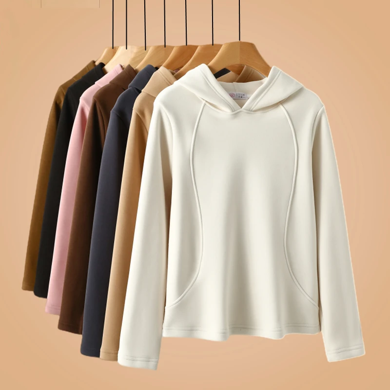 

Autumn Winter Thickened Fleece Hoodie Women's Double-sided Velvet Warm Long Sleeve T-shirt Hat Shirt Korean Style Loose Fit