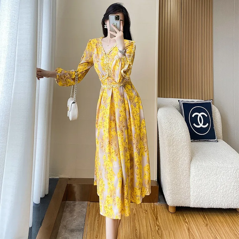 French floral new long sleeve 2024 spring yellow shirt skirt waist slimming A-line chiffon dress