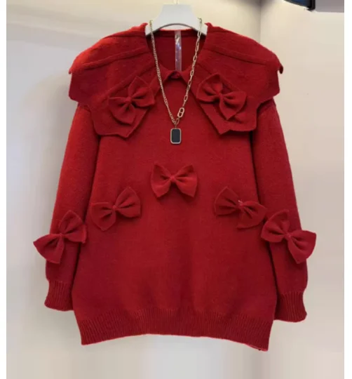 Sweat-shirt à manches longues pour femme, col Peter Pan, grande taille, automne-hiver, rouge, nouvelle année, réduction d'âge, style coréen, pull de Noël