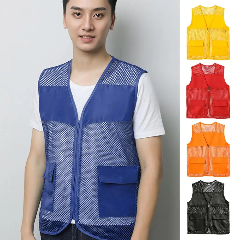 Men Women Vest Summer Solid Color V-neck Sleeveless Mesh Jacket Vest See-through Pocket Camping Waistcoat Volunteer Work Clothes