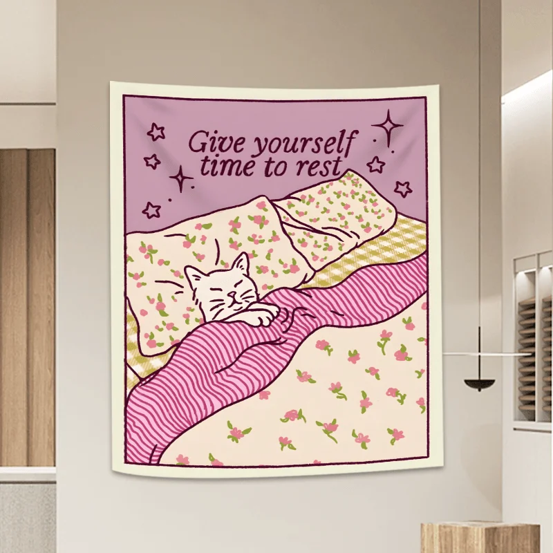 VIKAMA Healing Cat Wall Hanging: Sleepy Cat Bedroom Headboard Backdrop for Cozy Living Room - Girly Style Room Decor