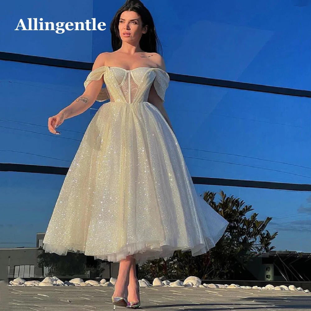 

Allingentle Off Shoulder Glitter Tulld Prom Party Dress Luxury Sweetheart A Line Princess Backless Evening Gown Ankle Length