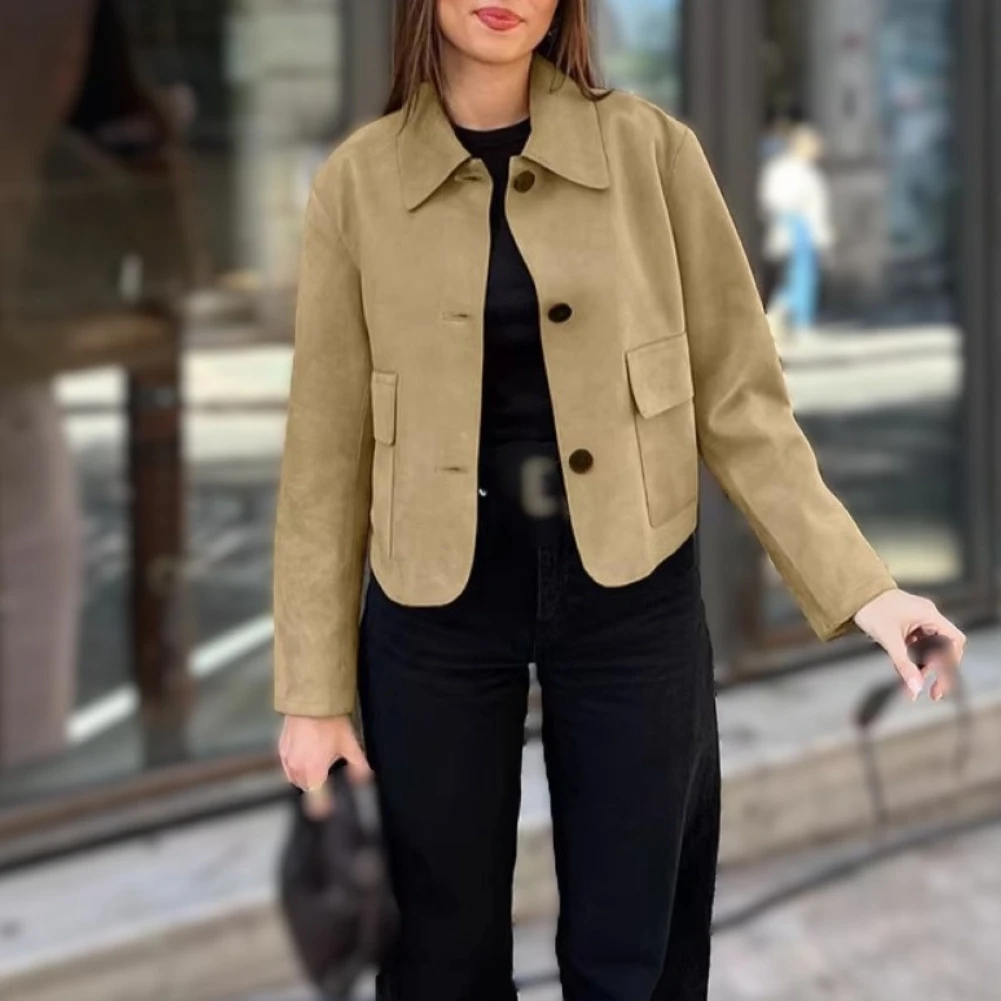Loose Short Jacket for Women Featuring Lapel Collar Wooden Buttons Regular Length Solid Color Autumn Winter Wear