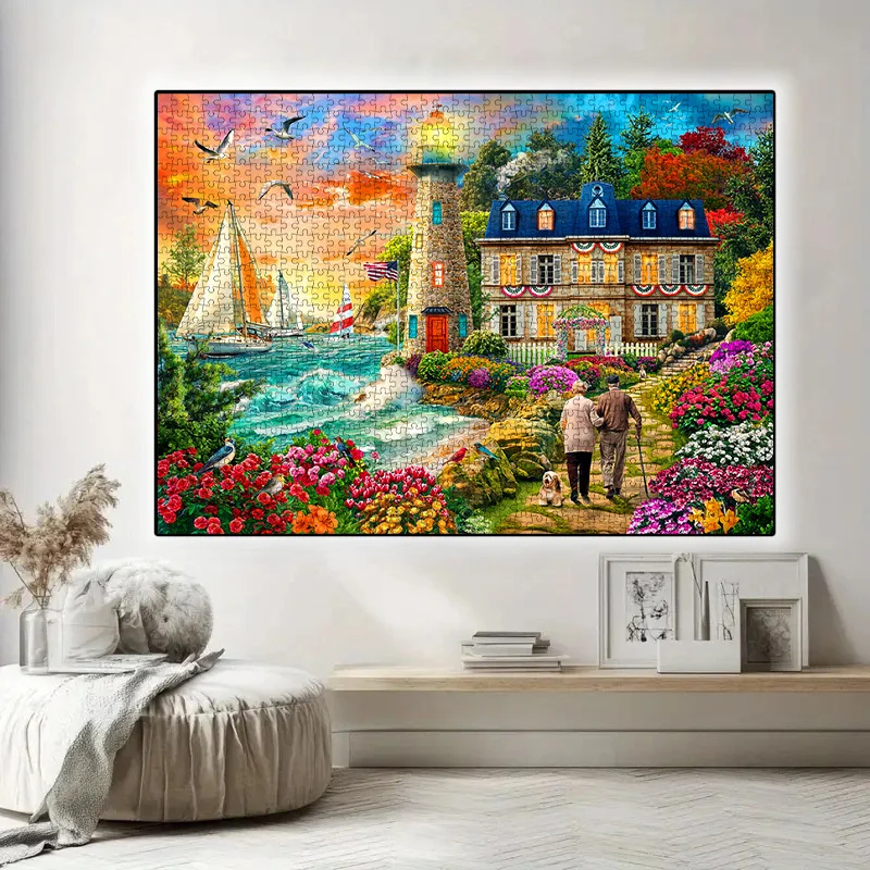 Puzzle de coucher de soleil avec phare côtier et villa, jeu intellectuel romantique pour adultes, jouet décoratif de loisirs à la maison