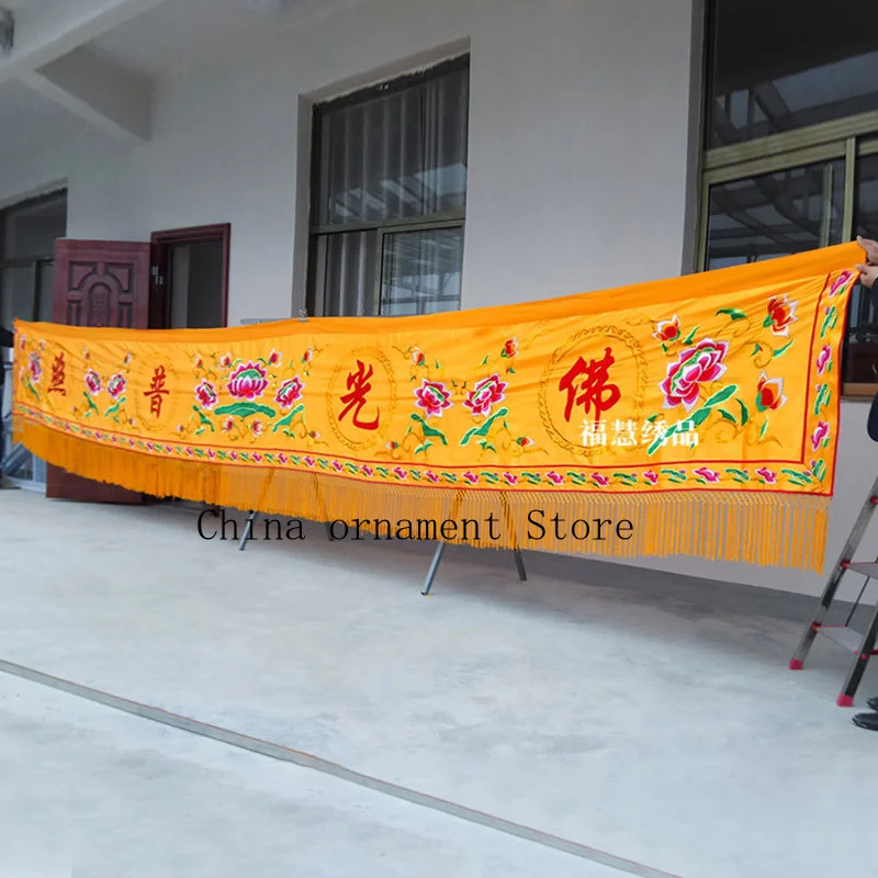High-quality embroidered banners featuring double dragons and phoenixes, suitable for use in Buddhist temples and Taoist shrines