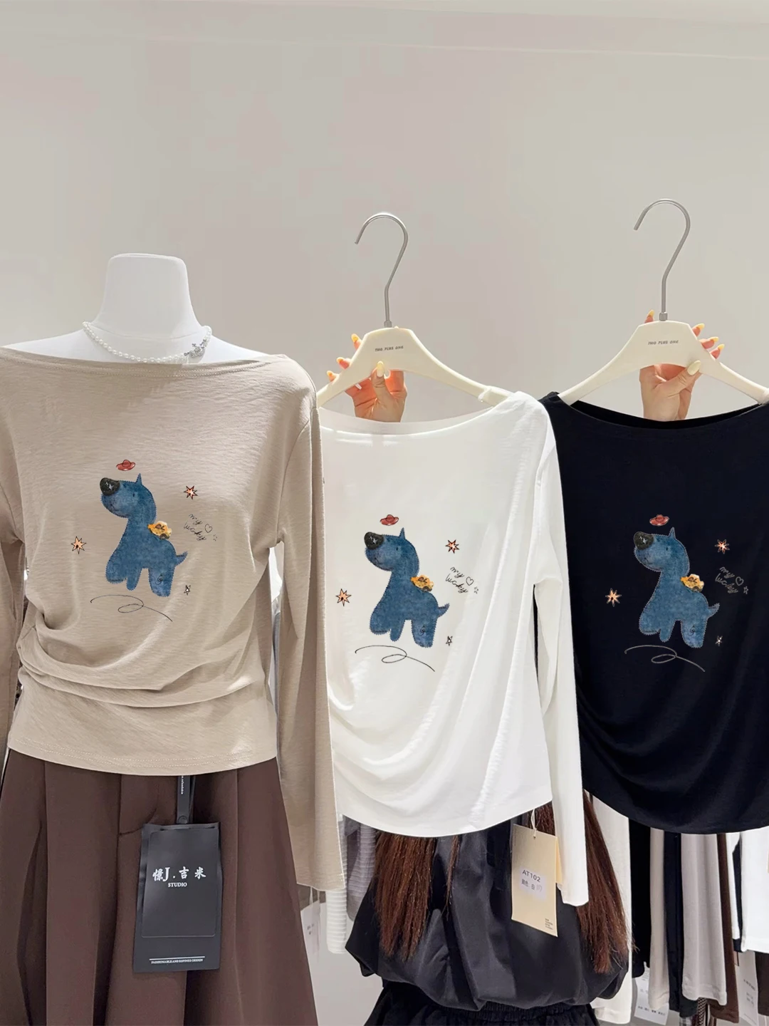 Korean Style Long Sleeve One Shoulder Big round Neck Slim Fit Women's T-shirt Print Base Top Young Looking Fashion Design
