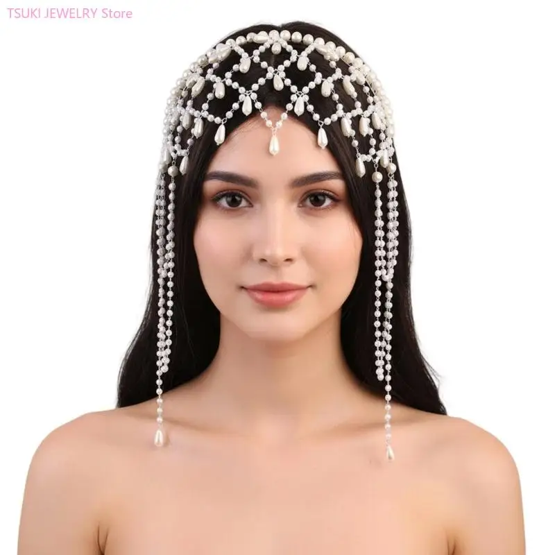 

62KE Women Hair Chain Sparkling Pearls Hairband Tiaras Pageants Proms Club Headwear