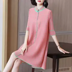 Contrast Color 5/4 Sleeve Three House Pleated Standing Neck Loose Single breasted A-line Summer dresses