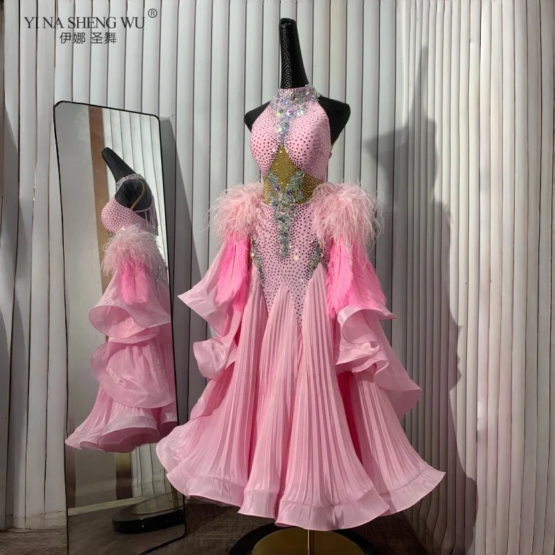 모던 댄스 공연 의상 여성 맞춤형 시니어 AB 스톤 피쉬테일 드레스+고급 깃털 소매 볼룸 댄스 드레스