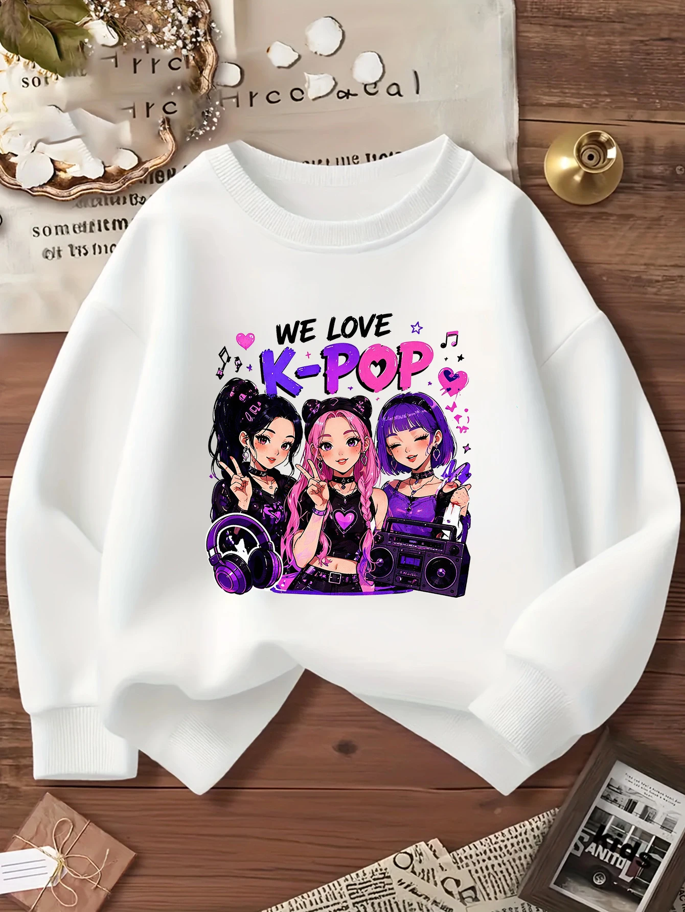 Girls' White Crew-Neck Sweatshirt (Spring/Autumn) – K-Pop Girl Group Cartoon Print Casual Long-Sleeve Pullover